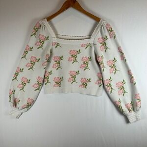 Willow & Wind Floral Square Neck Puff Sleeve Sweater Cream Pink M Cottagecore
